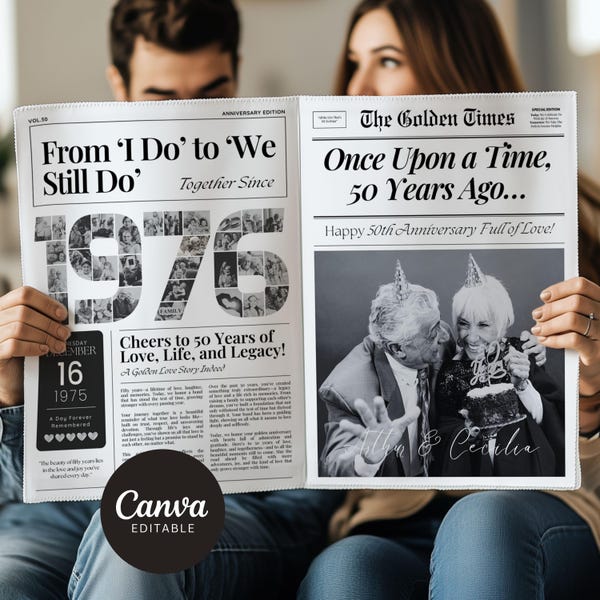 50th Wedding Anniversary Gift for Parents Newspaper Template Canva, Printable Golden Years Anniversary Celebration Gift for Grandparents