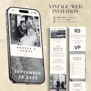 Vintage-Hochzeits-Webeinladungsvorlage Canva, Intuitive teilbare digitale Website E-Invite, Online-RSVP, Echtzeit-Countdown, Veranstaltungsort / Karte