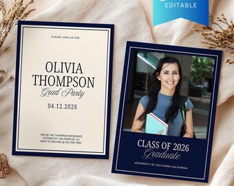Royal Blue Graduation Party Announcement Canva Template, Luxury Printable Class of 2026 Senior, High School Printable Grad Invitation Card
