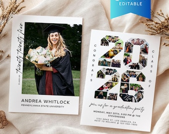 Senior Graduation Announcement Card Template Canva, Printable Grad Party Invite, Multiple Photo Collage, Modern Class of 2026 Gift Insert