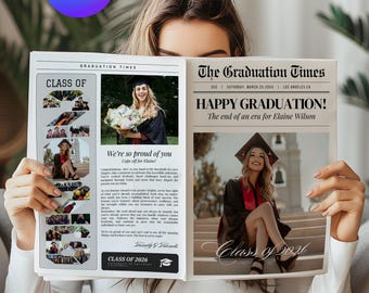 Graduation Newspaper Announcement Canva Template with Class of 2026 Multiple Photo Collage, Senior Year Graduate Party Invite Decoration