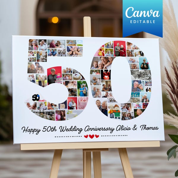 50th Wedding Anniversary Collage Template, Personalized Parents Gift Idea, Golden Milestone Image Poster, Number Photo Collage Gift Tribute