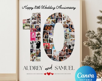May include: A framed print celebrating a 10th wedding anniversary. The number "10" is filled with multiple photos. The words "Happy 10th Wedding Anniversary" and the names "Audrey and Samuel" are printed on the frame. Red hearts are below the names.