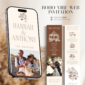 Online-Boho-Hochzeitseinladungsvorlage mit nachverfolgbarer Antwortzeit, Echt-Zeit-Countdown und eingebettetem Veranstaltungsort / Karte, interaktive teilbare Web-Einladung
