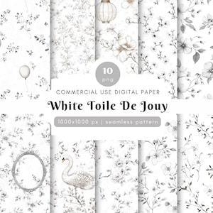 White Toile De Jouy Seamless Pattern, Toile De Jouy Digital Paper, Chinoiserie Pattern Design,White Flora, Vintage Paper, French Toile