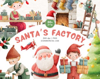 Santa's Workshop Clipart, Christmas Clipart, Holiday Season Clipart, Santa Claus Clipart, Watercolor Santa's Factory Clipart, Santa's Elf