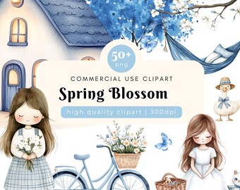 Spring Blossom Clipart, Blue Spring Clipart, Spring Denim, Garden Spring, Children Illustration, Children Storybook, Watercolor Clipart