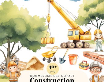 Clipart di costruzione, strumenti di costruzione ad acquerello, clipart di ingegnere e lavoratore, clipart di illustrazione per bambini, clipart del narratore