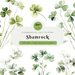 Op de afbeelding: Een set van 20+ aquarel shamrock clipart afbeeldingen in groen en wit. De clipart is van hoge kwaliteit en 300 dpi. De tekst "COMMERCIAL USE CLIPART Shamrock 300 dpi | high quality clipart" staat op een witte achtergrond.