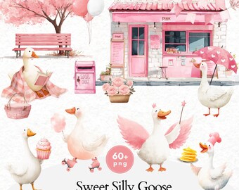 Clipart de ganso rosa tonto, clipart de ganso dulce, ganso tonto, patrón sin costuras de ganso rosa, clipart de ganso de acuarela, clipart infantil