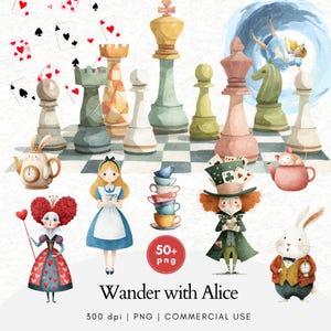 Alice in Wonderland Clipart, Alice Adventures, Tea Party, Queen of Hearts, Mad Hatter Clipart, Cute Alice Adventures, Watercolor Clipart