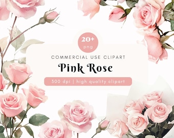 Watercolor Pink Rose Clipart, Pink Rose, Watercolor Flower Clipart, Floral Clipart, Rose Flower, Stationary Art, Wedding Art, Spring Flower