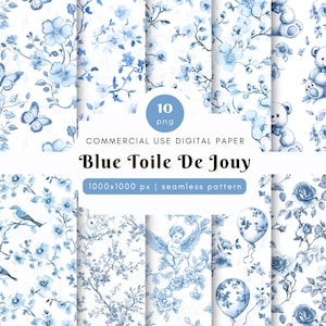 Blue Toile De Jouy Seamless Pattern, Toile De Jouy Digital Paper, Chinoiserie Pattern Design, Blue Flora, Blue Vintage Paper, French Toile