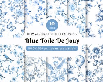 Blue Toile De Jouy Seamless Pattern, Toile De Jouy Digital Paper, Chinoiserie Pattern Design, Blue Flora, Blue Vintage Paper, French Toile