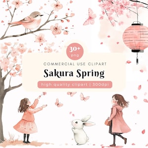 Cute Sakura Spring Clipart, Pink Spring Clipart, Cherry Blossom Clipart, Children Illustration Clipart, Watercolor and Ink Inspired Clipart