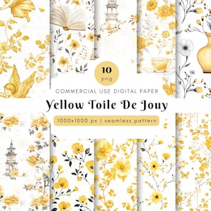 Yellow Toile De Jouy Seamless Pattern, Toile De Jouy Digital Paper, Chinoiserie Pattern Design,Yellow Flora, Vintage Paper, French Toile