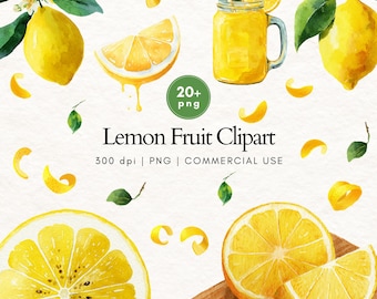May include: Watercolor illustration of lemon fruit clipart. The image features whole lemons, lemon slices, lemon zest, and a glass of lemonade. The text reads "Lemon Fruit Clipart" and "20+ png".
