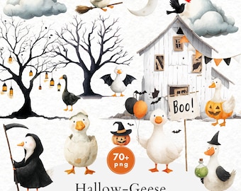 May include: Watercolor illustration featuring Halloween-themed geese. The image includes geese dressed in costumes, a haunted house, bats, pumpkins, and the text "Boo!". The overall color palette is white, black, orange, and gray.