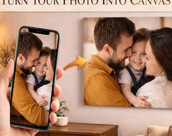 May include: A person holding a smartphone displaying a family photo, with a canvas print of the same photo on the wall. The canvas art shows a family of three. The text at the top says "Turn Your Photo Into Canvas Art."