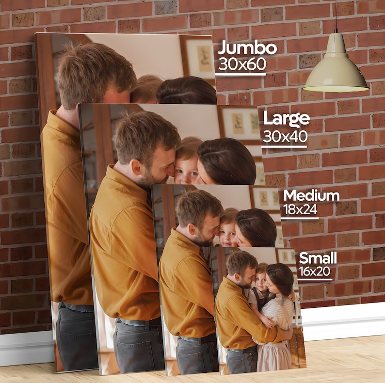 May include: A family portrait canvas print featuring a couple and their child. The couple is embracing, with the child nestled in their arms. The image is printed on a canvas and is available in various sizes, including 16x20 inches, 18x24 inches, 30x40 inches, and 30x60 inches.