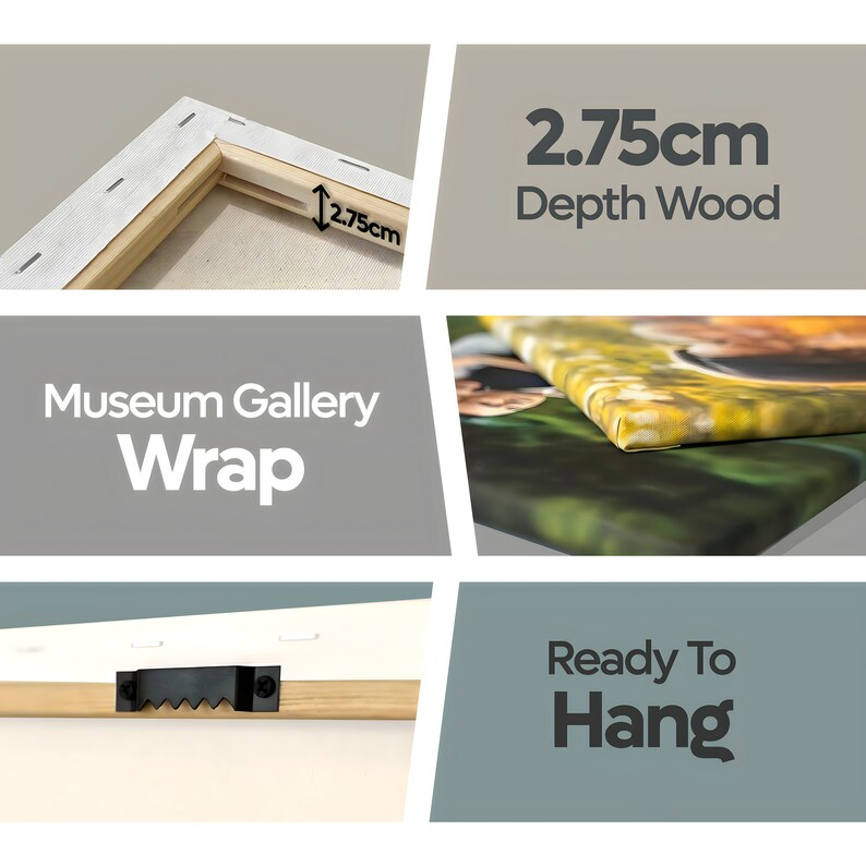 May include: A close-up of a canvas print wrapped around a wooden frame. The frame is 2.75 inches deep and has a sawtooth hanger on the back. The text "Museum Gallery Wrap" and "Ready To Hang" are visible in the image.