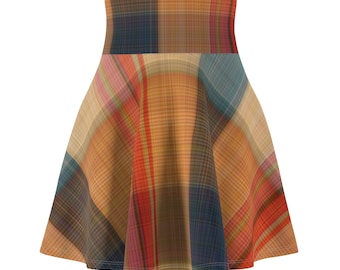 Orange and Brown Plaid Tones, Women&#39;s Skater Skirt (AOP)