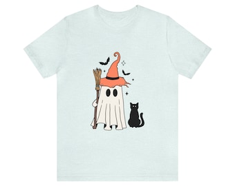 Witch Ghost with Black Cat, Halloween Unisex Jersey Short Sleeve Tee