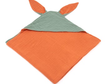 Personalized Hooded Bath Towel for Baby, Orange Bunny Towel, 4 Layer Muslin Baby Blanket