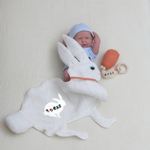Easter Gift, Evil Eye Muslin Baby Lovey, Personalized Bunny Comforter, Organic Toy, Baby Shower Gift, Bunny Toy
