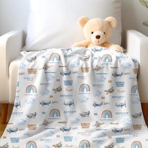 Personalized Baby Blanket Velveteen Plush Blanket with Airplane Theme Custom Name Soft Throw Nursery Decor Newborn Gift Infant Blankie
