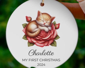 Personalized Baby Ornament Ceramic Napping Kitten Christmas Tree Decoration Nursery Holiday Gift Baby Shower Favor Ornament New Parents