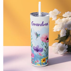 Custom Floral Grandma Skinny Tumbler 20oz Travel Cup with Straw Gift for Grandma Mother&#39;s Day Present Drinkware Personalized Teacher Gift