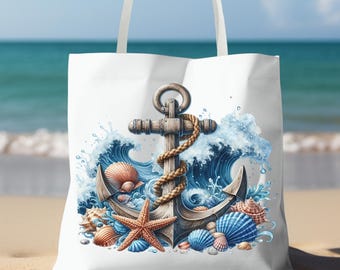 Nautical Anchor Tote Bag - Beach Theme, Ocean Lover Gift, Sailor Bag, Anchor Print Tote Maritime Sailing Bag, Coastal Style Bag