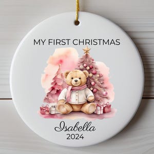 Personalisierte Keramikverzierung, mein erstes Weihnachten rosa Teddybär, Andenken-Geschenk-Verzierungs-Dekoration, individuelle Weihnachtsbaum-Verzierung, Urlaub