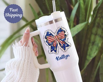 4th of July 40oz Tumbler Custom Patriotic Tumbler with Handle American Flag Personalized Independance Day Summer Travel Mug Cup