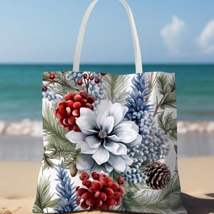 Vibrant Winter Floral Tote Bag Botanical Shopping Bag Colorful Beach Tote Eco-Friendly Grocery Bag Floral Print Shoulder Bag Gift for Her
