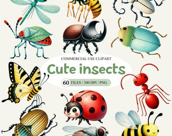 May include: A collection of colorful, cartoon-style insect illustrations, including a dragonfly, bee, beetle, butterfly, and ladybug. The text "Cute insects" is displayed with the details "60 files / 300 DPI / PNG".