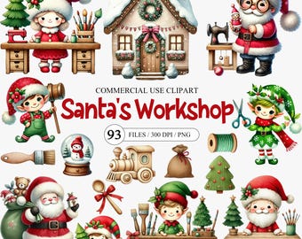 Santa’s workshop clipart bundle, Christmas elf clipart, Toy making workshop, Santa maker tools clipart, Santa and elves, wooden toy clipart