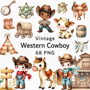 Vintage Western Cowboy Clipart, Rodeo Western PNG Bundle, Wild West Cowgirl Boy Clip Art, Kids Cowboy Party, Western Rodeo Clipart