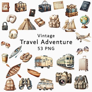 Vintage Reise Abenteuer Clipart, Retro Entdecker Reise PNG, Reise ästhetische digitale Kunst, Abenteuer Scrapbook Bündel, Fernweh Clipart