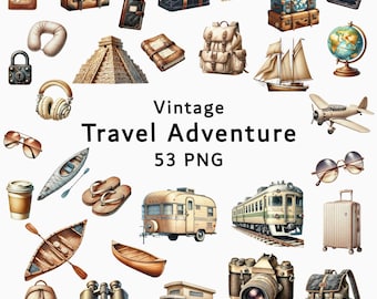 Aquarell Reise Clipart Bundle: Vintage Abenteuer PNG (Digital Download)