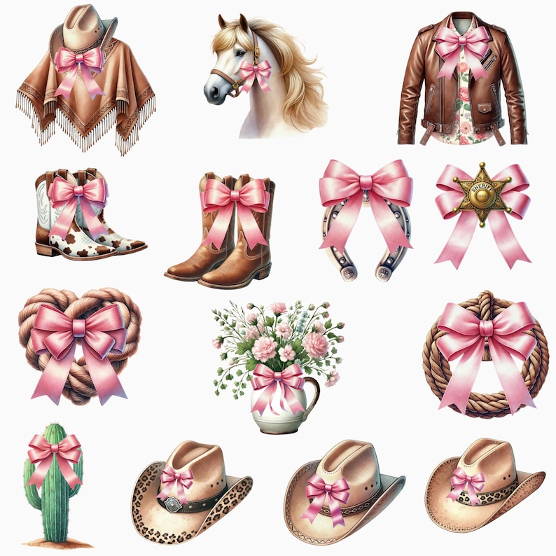 Watercolor Pink Cowgirl Clipart Bundle: Pink Western Rodeo PNG (digital ...