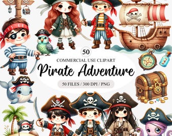 Cute Pirate Adventure Clipart PNG Bundle, Watercolor Kids Pirate Clipart PNG Set, Boy & Girl Pirate Clipart Png, Pirate Ship Treasure PNG