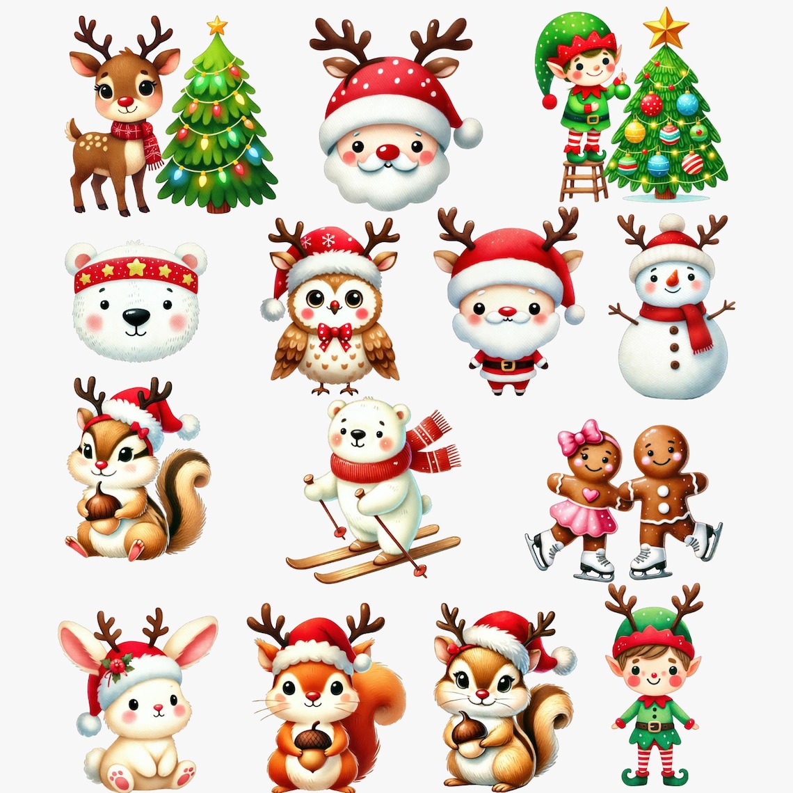 Woodland Christmas Clipart, Cute Christmas Animal Png, Elf & Penguin ...