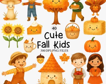 Puede incluir: Una colección de 40 ilustraciones en acuarela con temática otoñal. La imagen presenta niños de dibujos animados, calabazas, girasoles, una seta, un espantapájaros, un árbol y el texto "Cute Fall Kids". Las ilustraciones están en formato PNG.