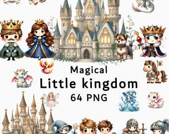 May include: A digital illustration of a magical kingdom with a large castle, a variety of characters, and the text "Magical Little Kingdom 64 PNG".