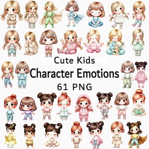 Imágenes prediseñadas de personajes infantiles lindos, emociones PNG para niños, imágenes prediseñadas de emociones de niña pastel, paquete de imágenes prediseñadas de niños kawaii, poses de personajes infantiles PNG