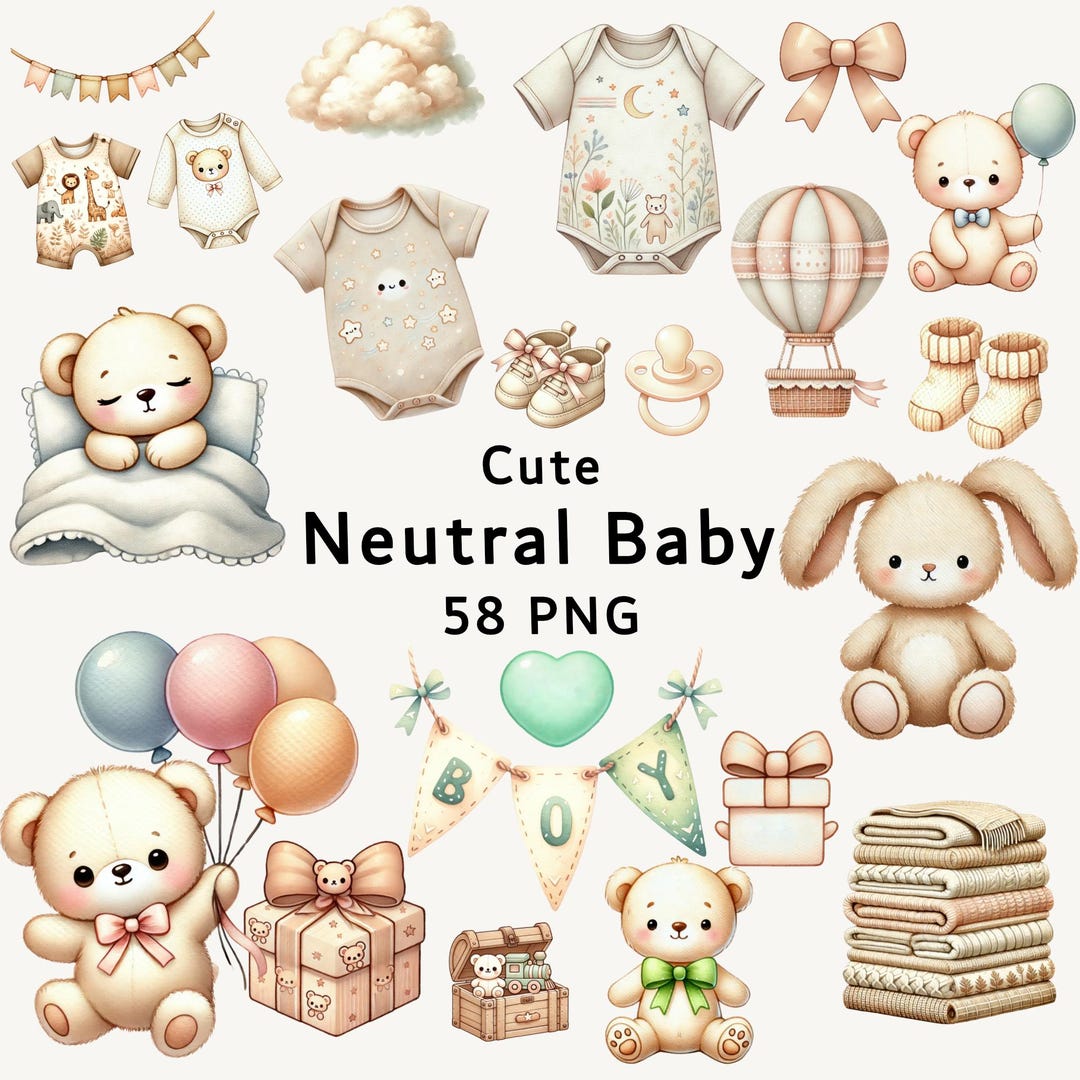 Watercolor Baby Shower Clipart Bundle: Neutral Pastel Graphics (digital ...