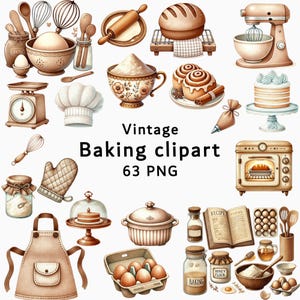 Vintage Baking Clipart, Neutral Aesthetic Baking Clipart, Rustic Kitchen Baking Clipart, Watercolor Cozy Baking PNG, Retro Bakery Clipart
