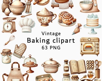 Watercolor Baking Clipart: Vintage Kitchen PNG Bundle (Digital Download 63 PNGs)